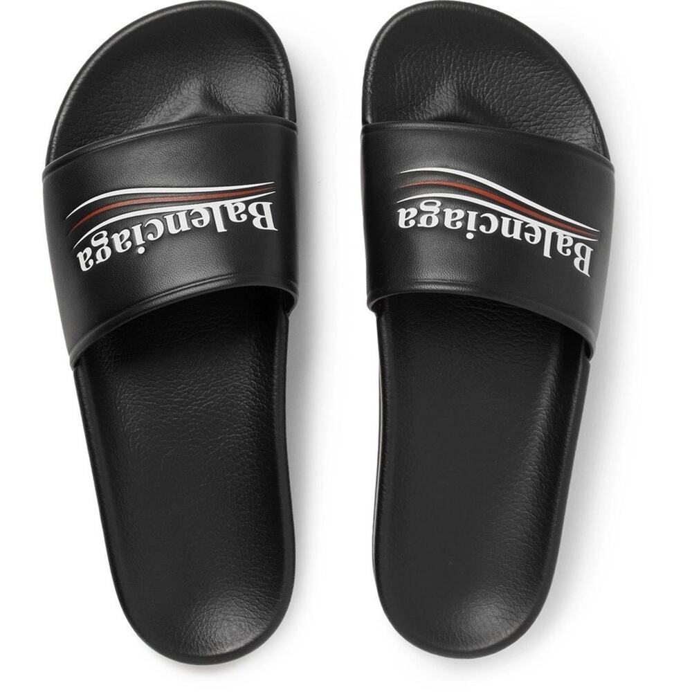 Balenciaga Black Leather Campaign Logo Slide Pool Sandal Flip Flop Flat 44 11 - Picture 7 of 15